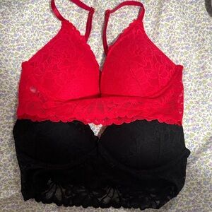 Lace Bralette Set - Red and Black